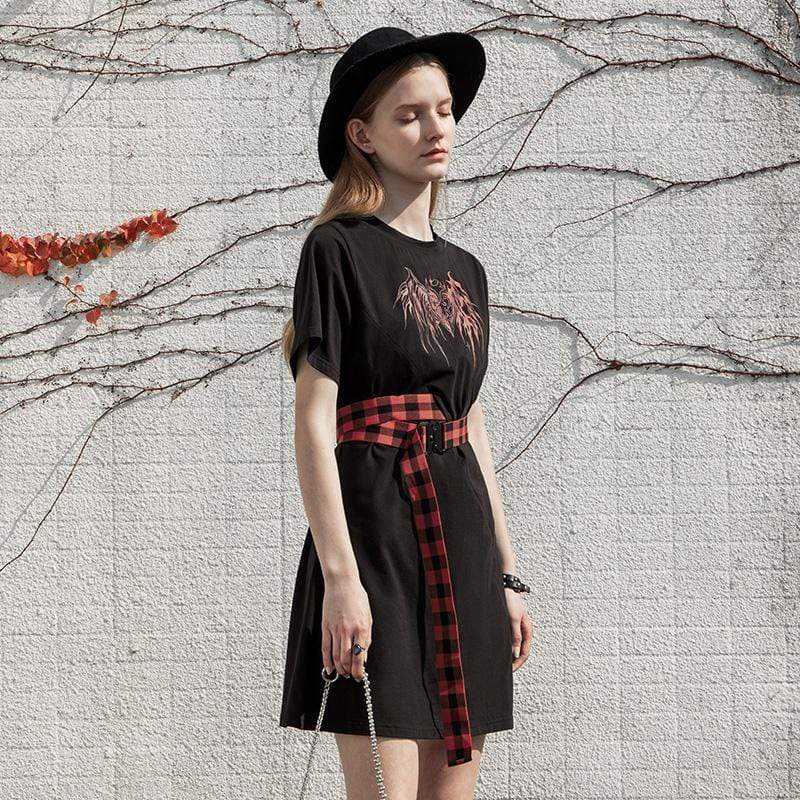 Women's Grunge Love Heart Printed Black Shirt Dresses with Red Plaid Belts