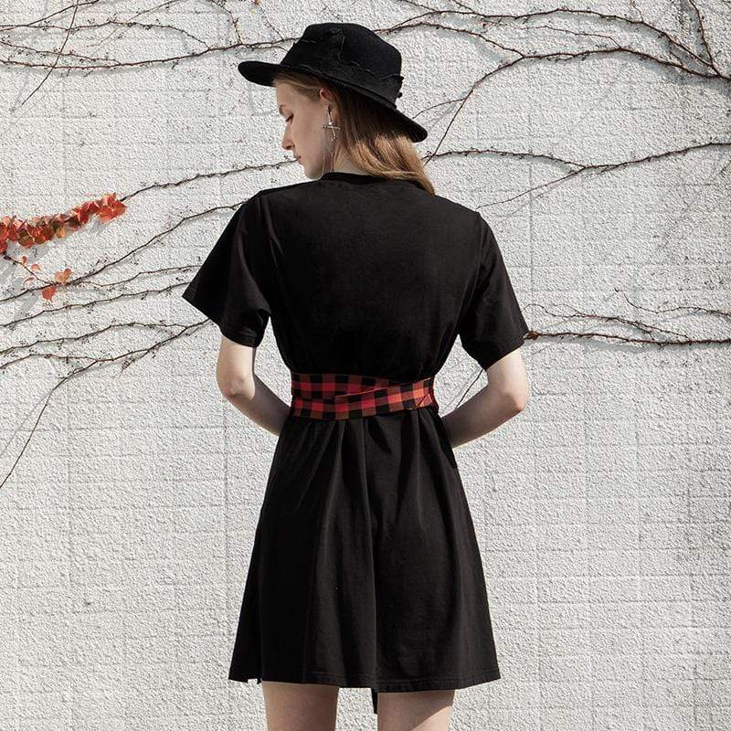 Women's Grunge Love Heart Printed Black Shirt Dresses with Red Plaid Belts