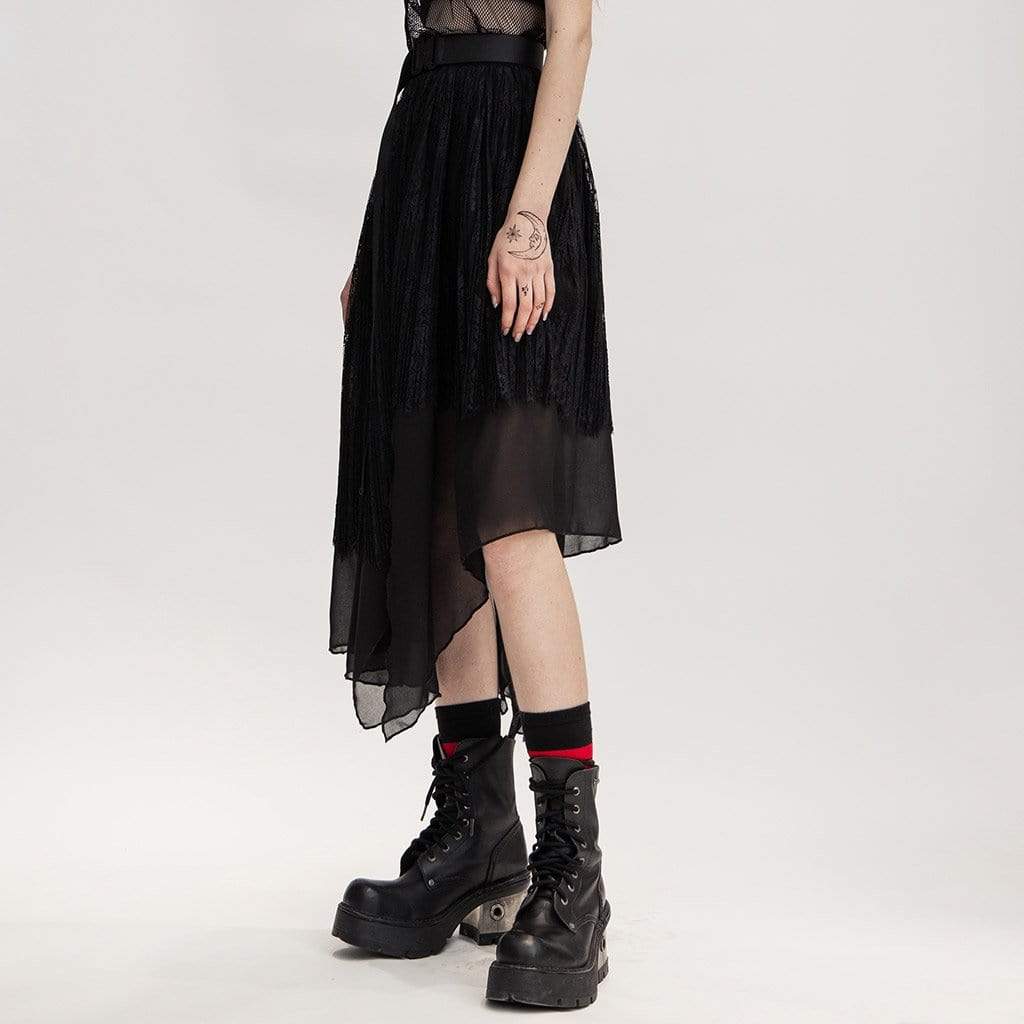 Women's Grunge Multilayer Irrgular Hem Lace Skirt with Belt