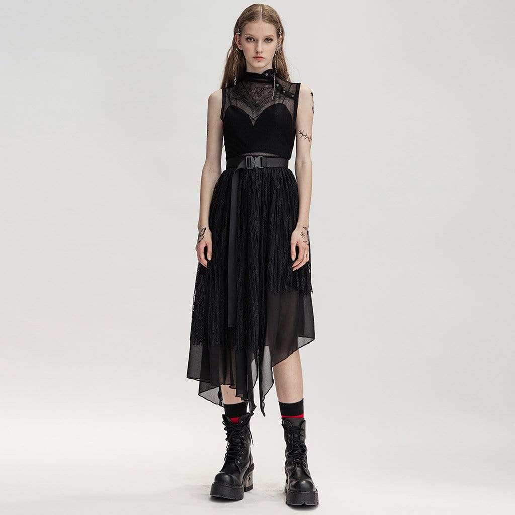 Women's Grunge Multilayer Irrgular Hem Lace Skirt with Belt