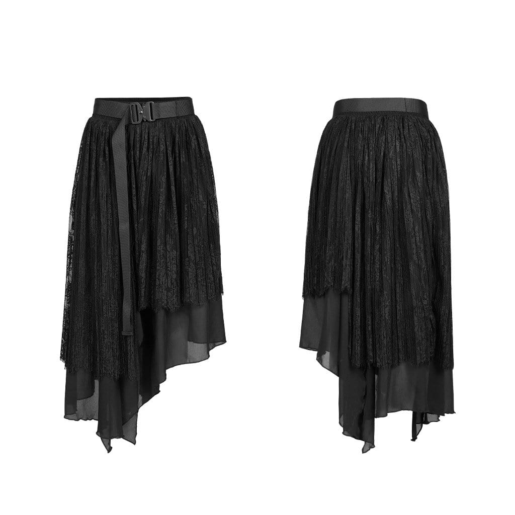 Women's Grunge Multilayer Irrgular Hem Lace Skirt with Belt