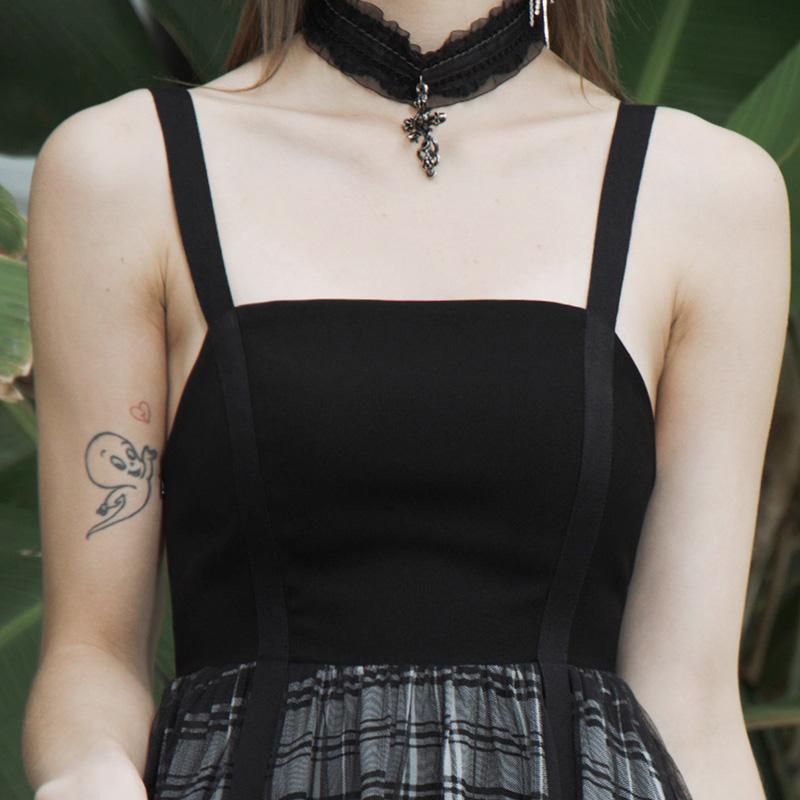 Women's Grunge Plaid High-waisted Irregular Hem Black Slip Dress