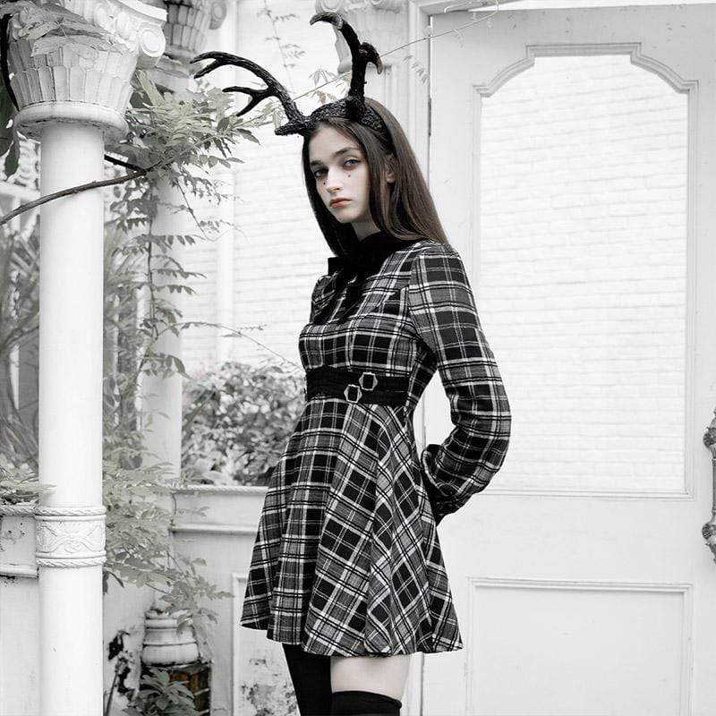 Women's Grunge Plaid Slim-fitted Dresses With Velet Collar