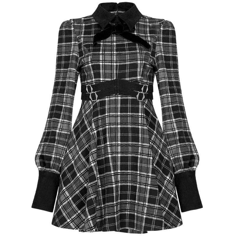 Women's Grunge Plaid Slim-fitted Dresses With Velet Collar