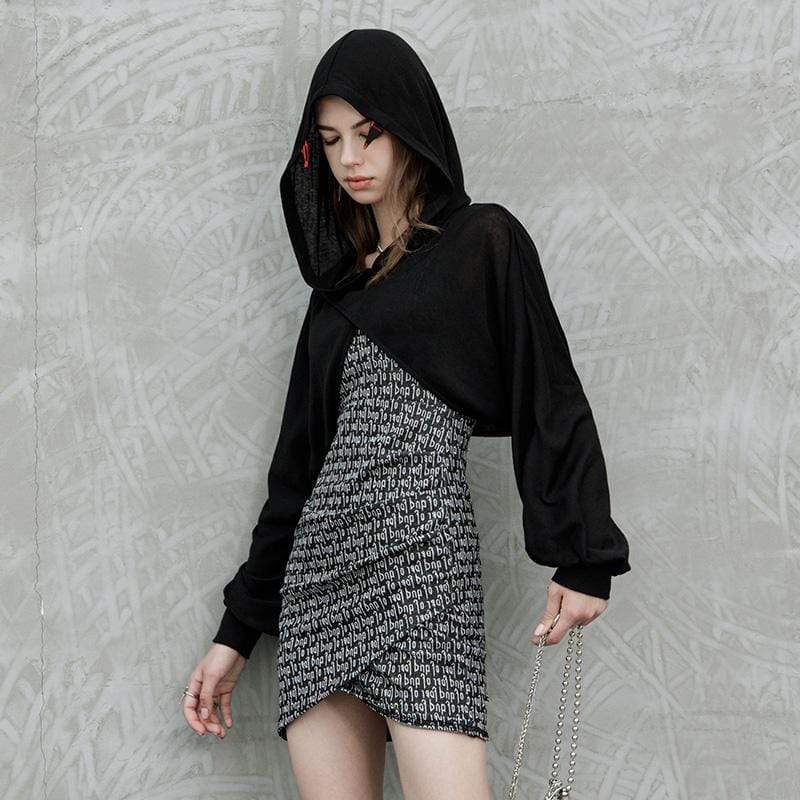 Women's Grunge Puff Sleeved Black Short Cloak with Hood