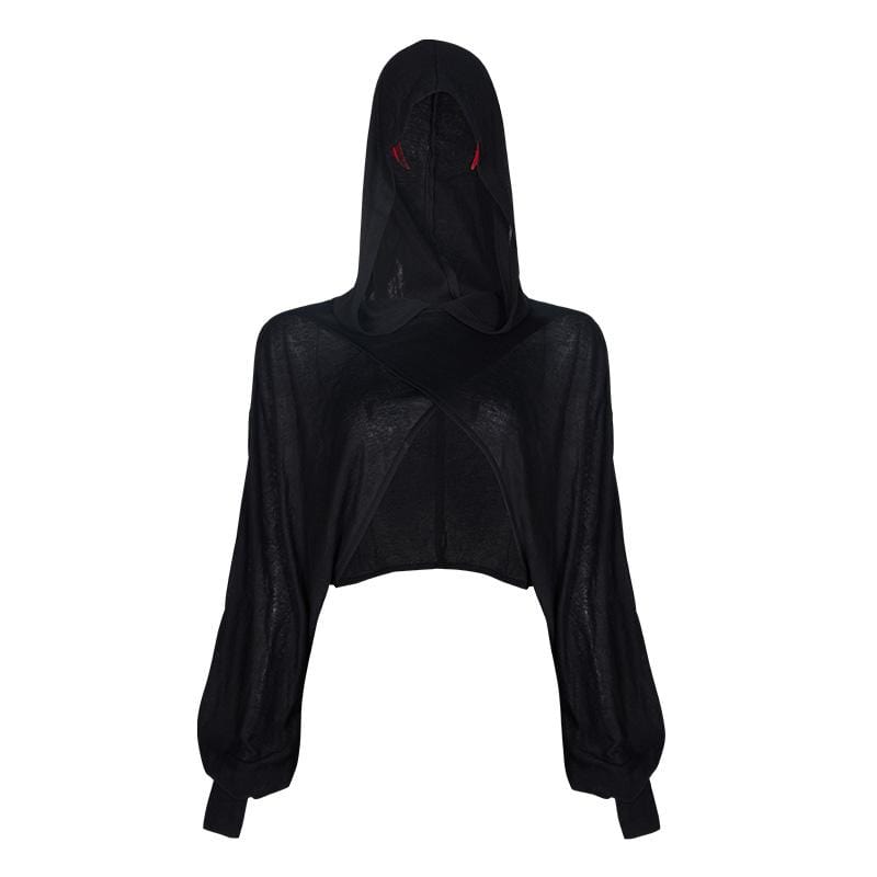 Women's Grunge Puff Sleeved Black Short Cloak with Hood