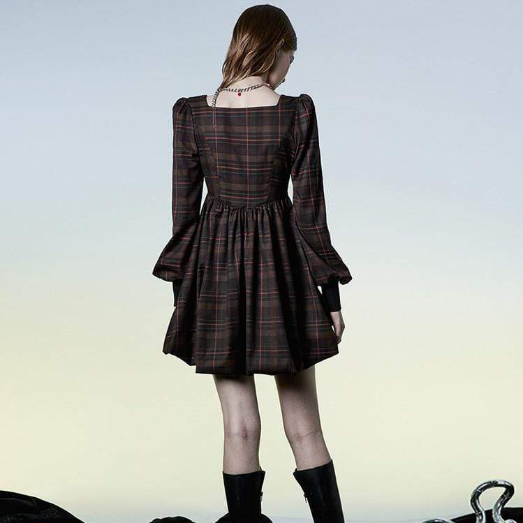 Women's Grunge Puff Sleeved Plaid Short Dress