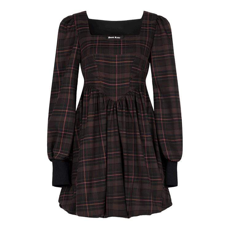 Women's Grunge Puff Sleeved Plaid Short Dress