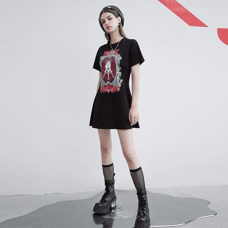 Women's Grunge Punk Rave Printed A-line Tee Dresses with Irregular Chiffon Skirts