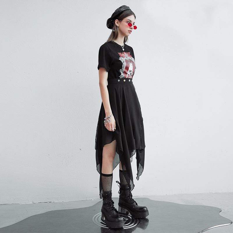 Women's Grunge Punk Rave Printed A-line Tee Dresses with Irregular Chiffon Skirts