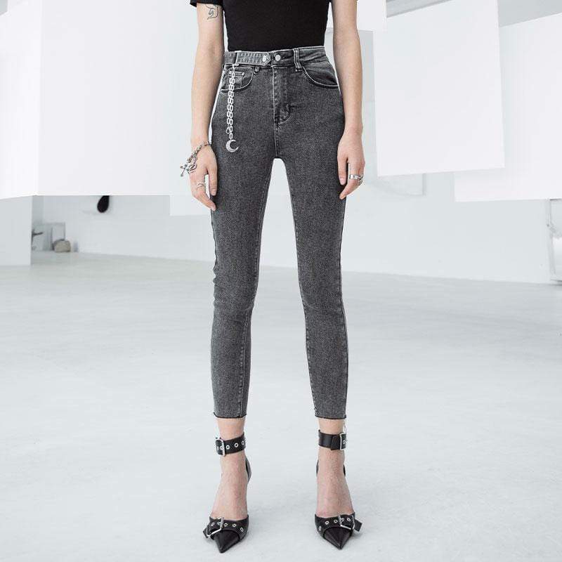 Women's Grunge Ripped Grey Skinny Jeans with Moon Chain