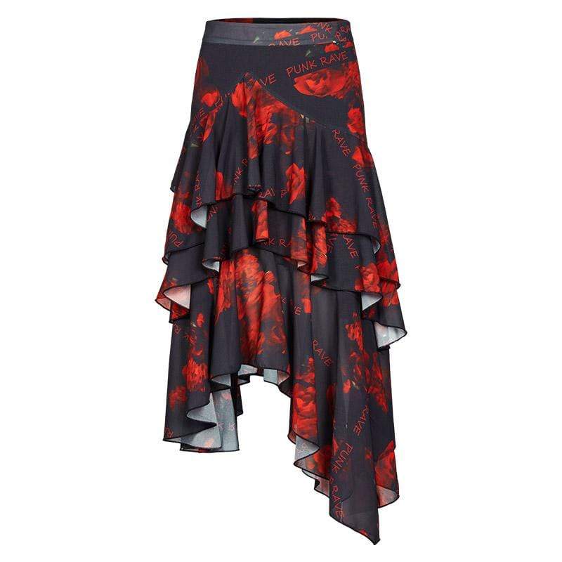 Women's Grunge Rose Printed Irregular Chiffon Red Skirt