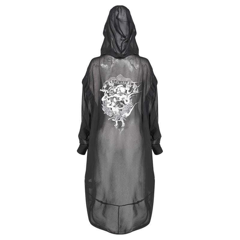 Women's Grunge Skull Printed Black Chiffon Long Cape with Hood