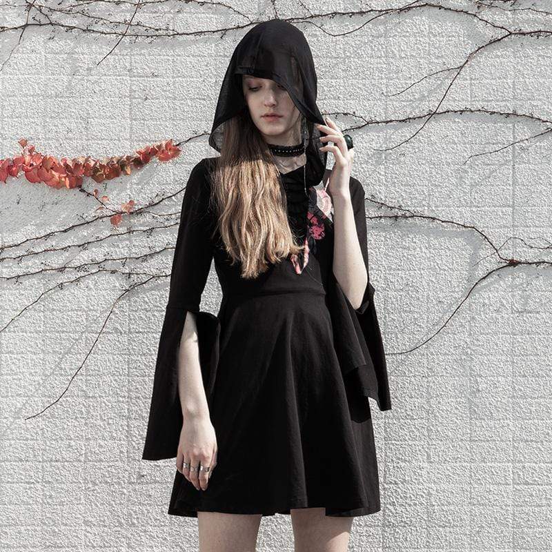 Women's Grunge Snake Printed Slit Puff Sleeved Black Little Dresses with Hood