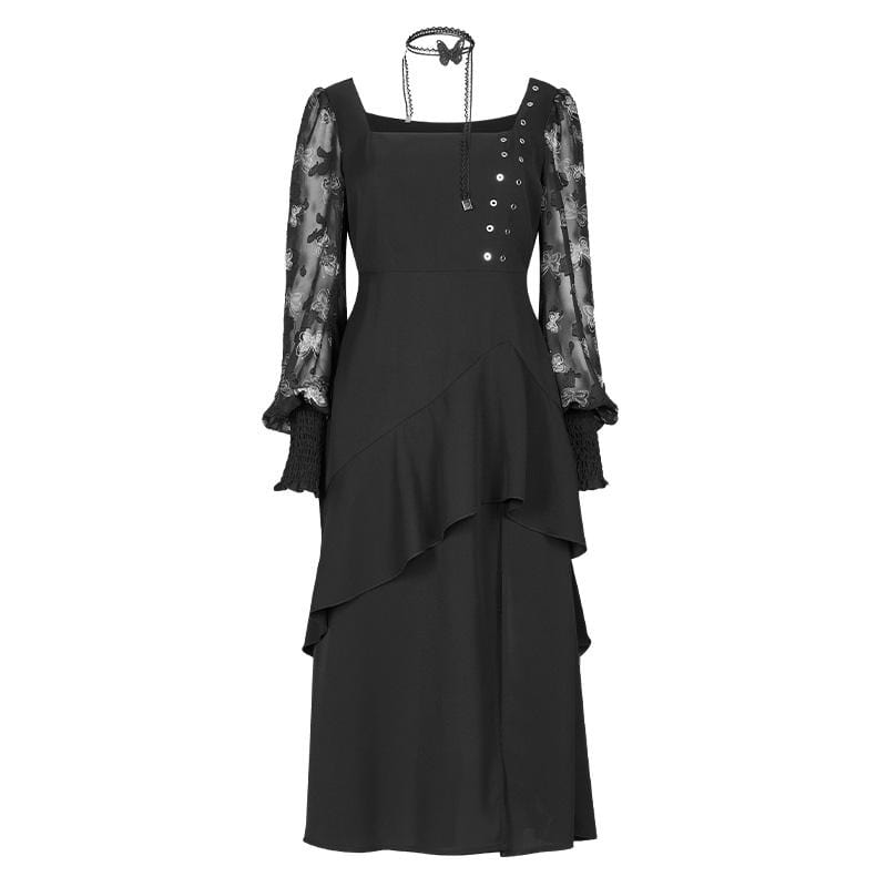 Women's Grunge Square-cut Collar Irregular Black Long Sleeved Dresses