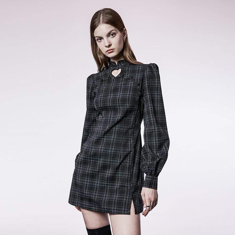 Women's Grunge Stand Collar Plaid Short Dress