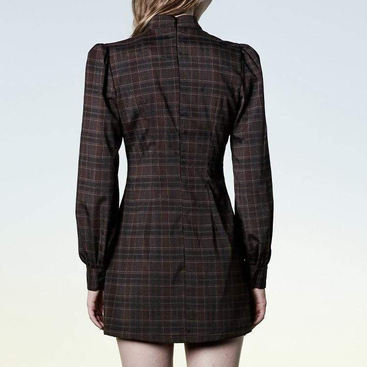 Women's Grunge Stand Collar Plaid Short Dress