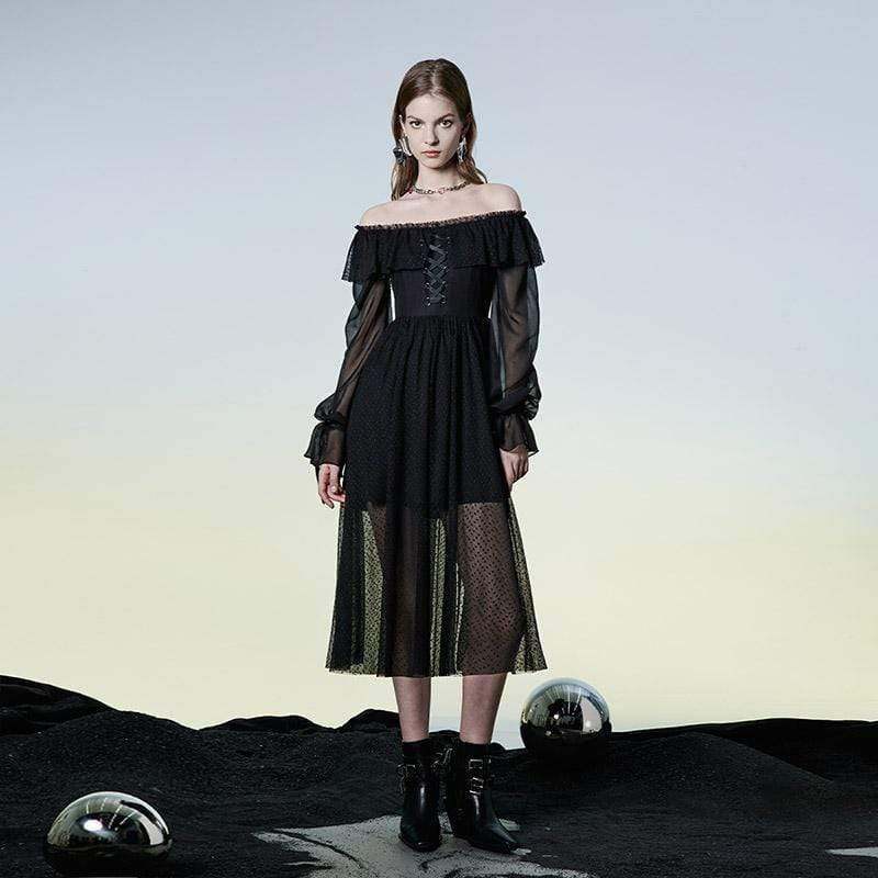 Women's Grunge Strappy Off Shoulder Chiffon Black Dress