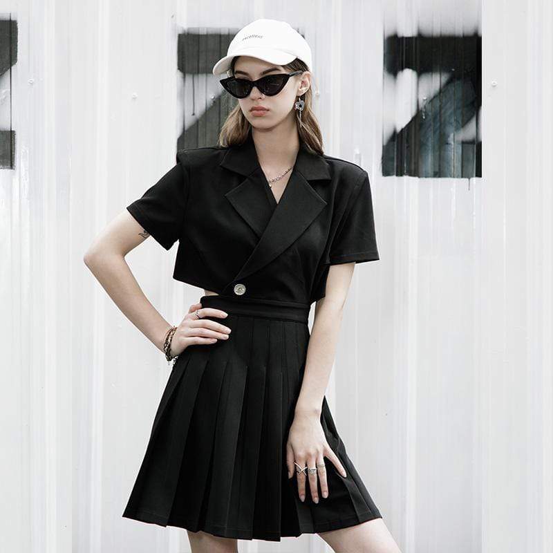 Women's Grunge Tailored Collar Cutout Black Pleated Dress