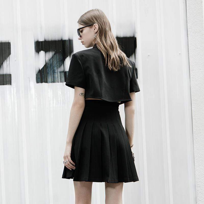 Women's Grunge Tailored Collar Cutout Black Pleated Dress