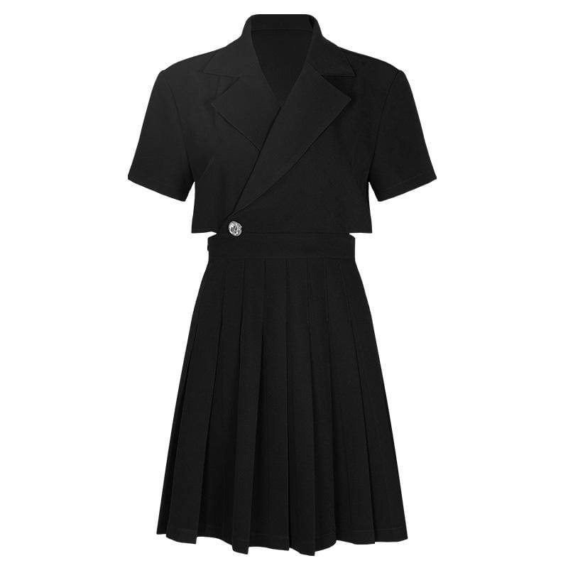 Women's Grunge Tailored Collar Cutout Black Pleated Dress