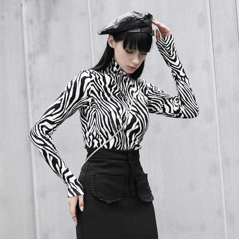 PR-A Women's Grunge Turtleneck Zebra Shirt