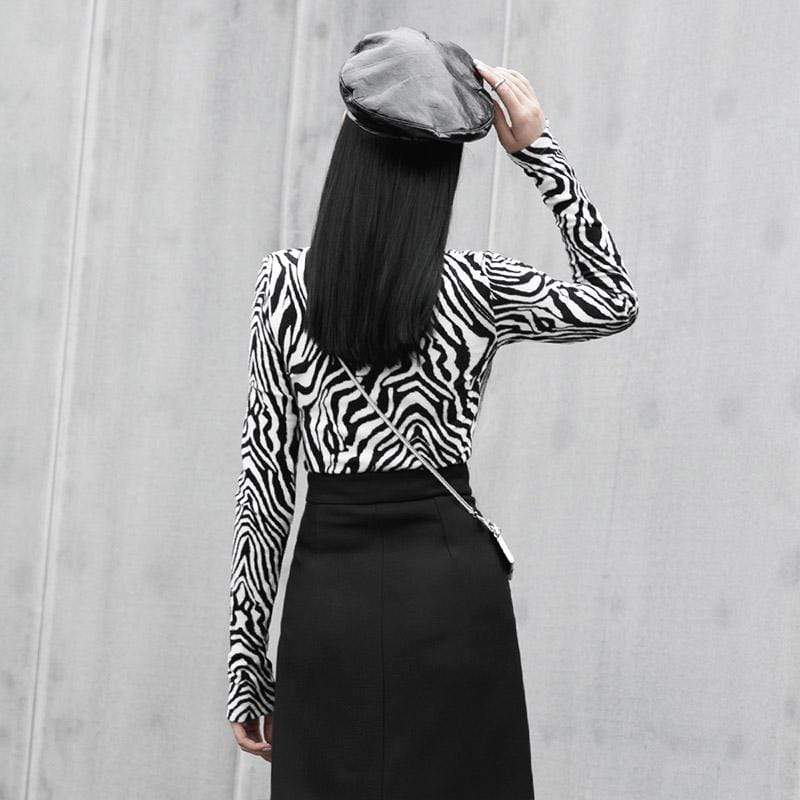 PR-A Women's Grunge Turtleneck Zebra Shirt