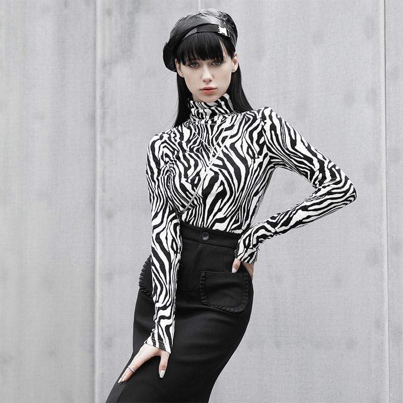 PR-A Women's Grunge Turtleneck Zebra Shirt