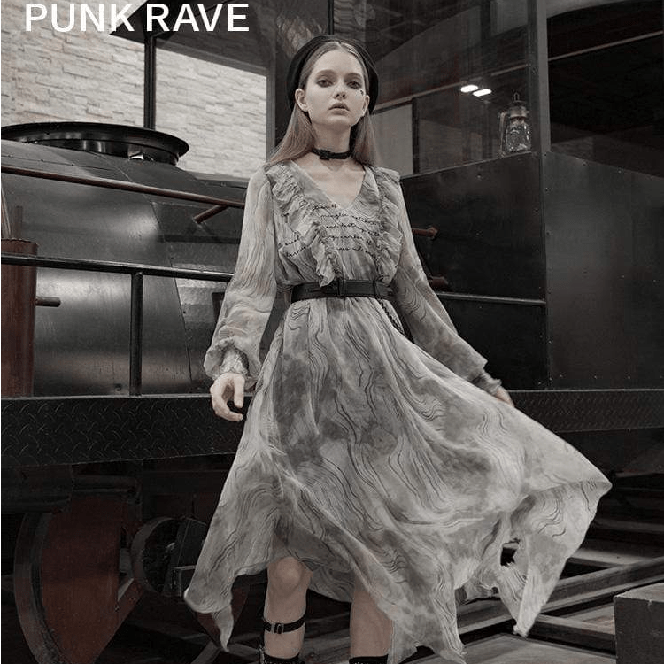Women's Grunge V-neck Tie-dye Falbala Irregular Dresses With Belt