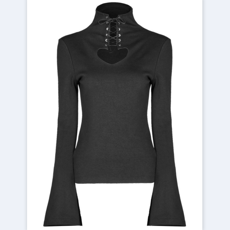 Women's High Neck Heart Hollow Tie Rope Velvet Long-Sleeved T-shirt