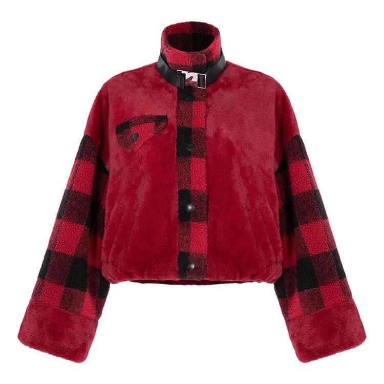 Women's High Neck Trumpet Sleeved Plaid Pola Fleece Jackets With Neck Strap