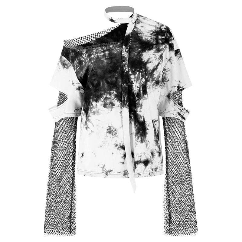 Women's Ink Painting Ripped Stitching Mesh T-shirts