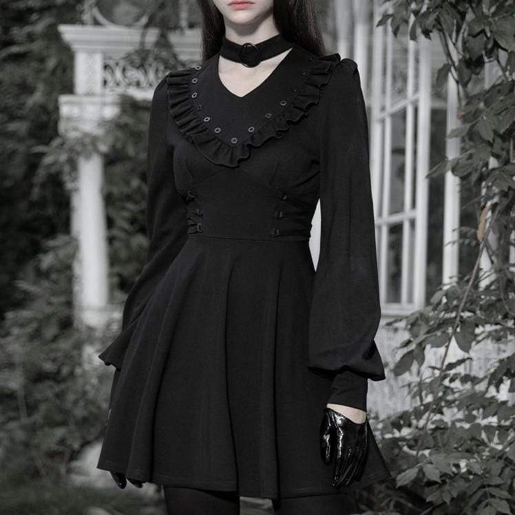 Women's Lolita V-neck Bubble Sleeved Buttons Dresses With Choker