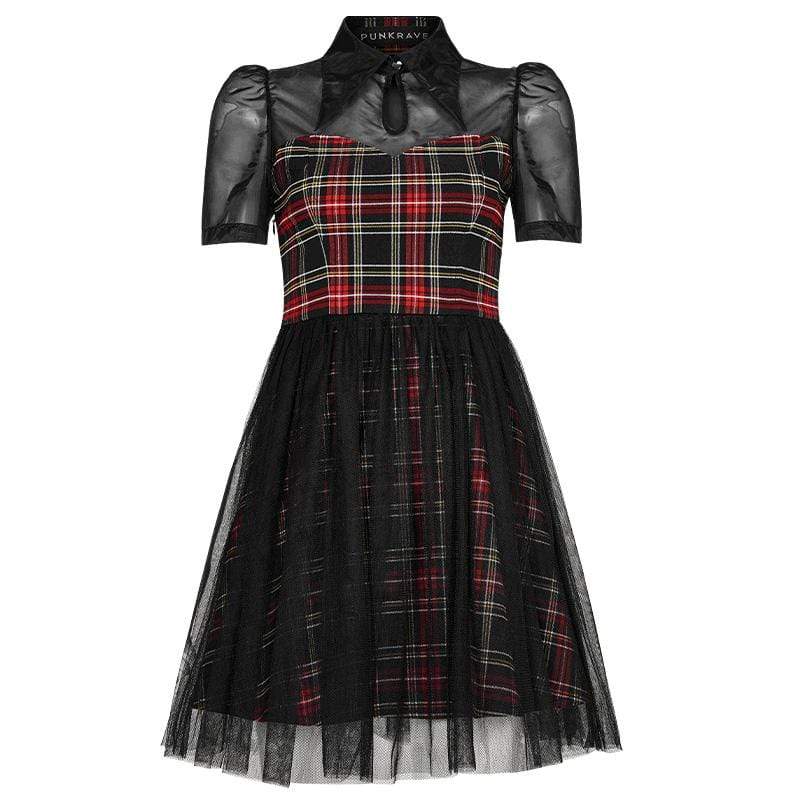 Women's Grunge Mesh Red Plaid Splicing Dresses