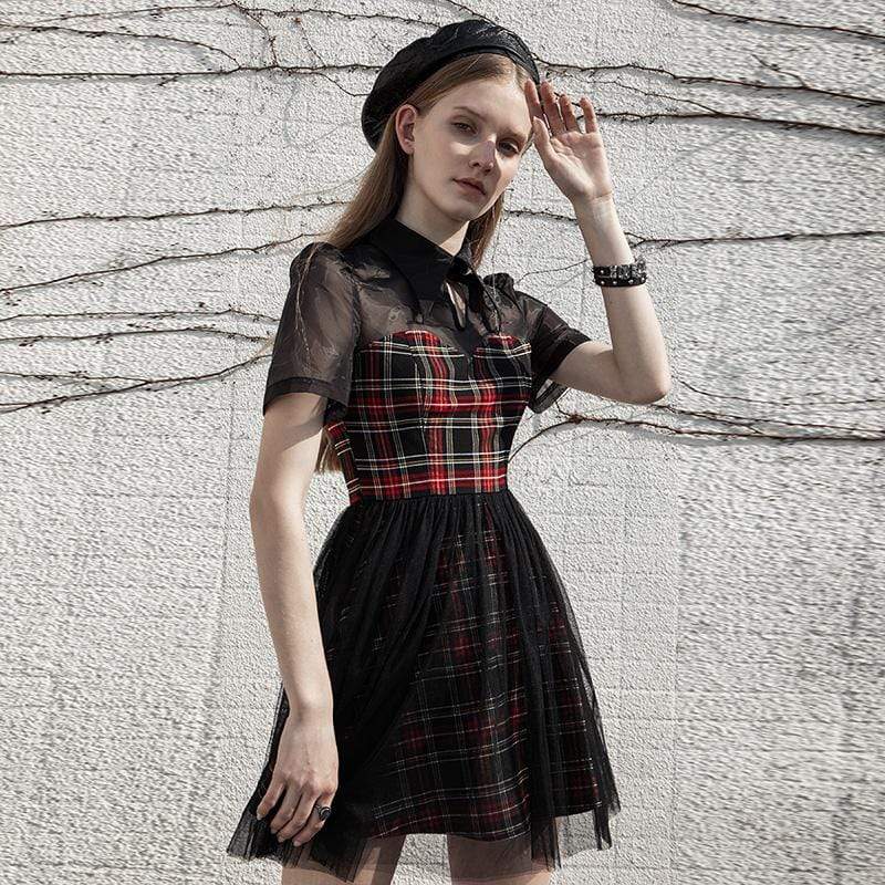 Women's Grunge Mesh Red Plaid Splicing Dresses