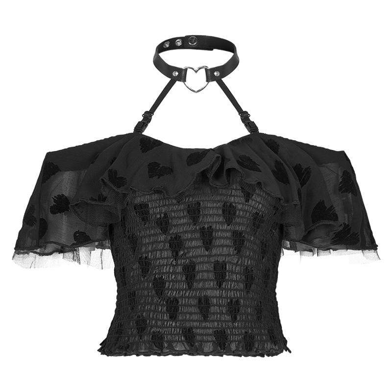 Women's Grunge Off Shoulder Halterneck Love Heart Chiffon Crop Tops