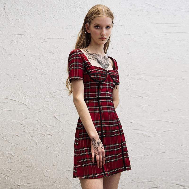 Women's Grunge Square Collar Backless Red Plaid Dresses