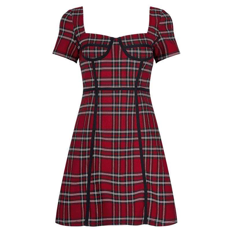 Women's Grunge Square Collar Backless Red Plaid Dresses