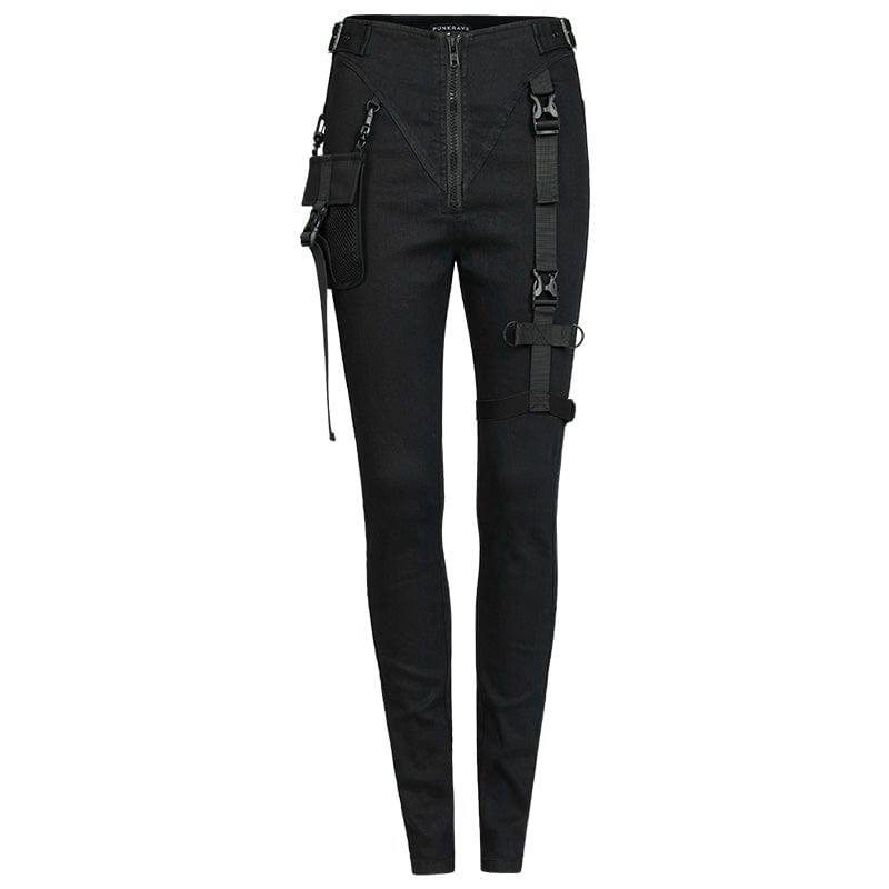 PR-A Women's Punk Big-pocket Buckles Zipper Pants