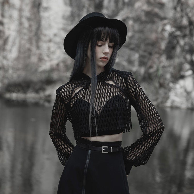 PR-A Women's Punk Chinese Knot Mesh Short Hoodies