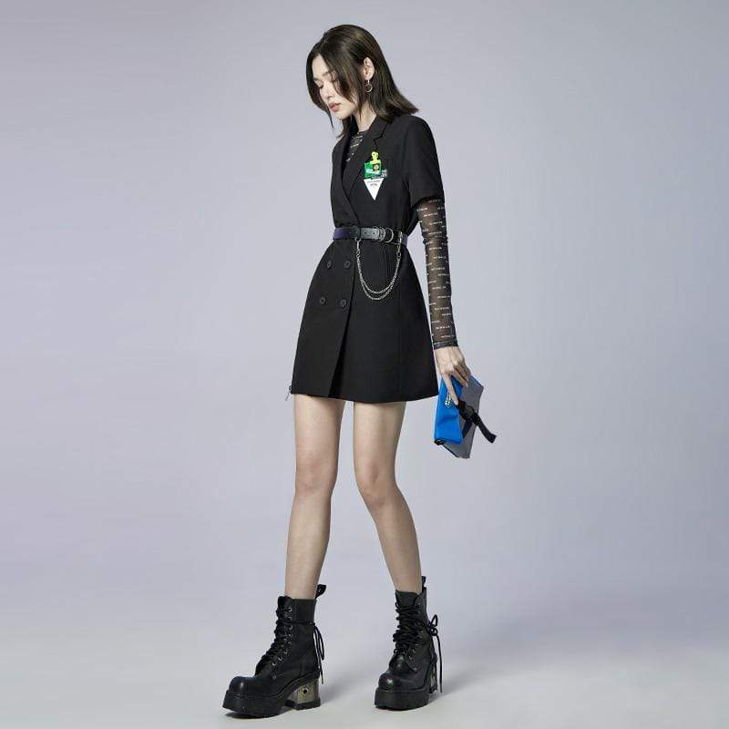 Women's Punk Double-breasted Suit Dress with Metal Chain Belt