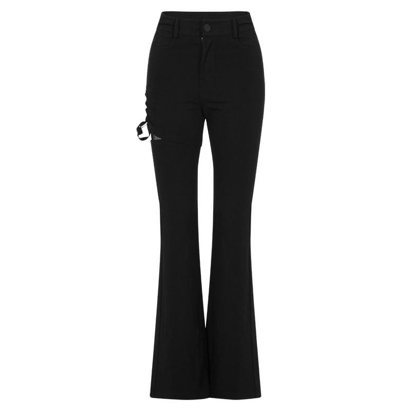 Women's Punk Drawstring Mesh Splice Flared Pants