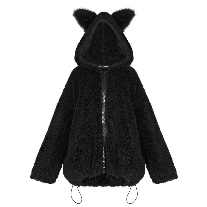 Women's Punk Drawstring Sherpa Coat with Hood