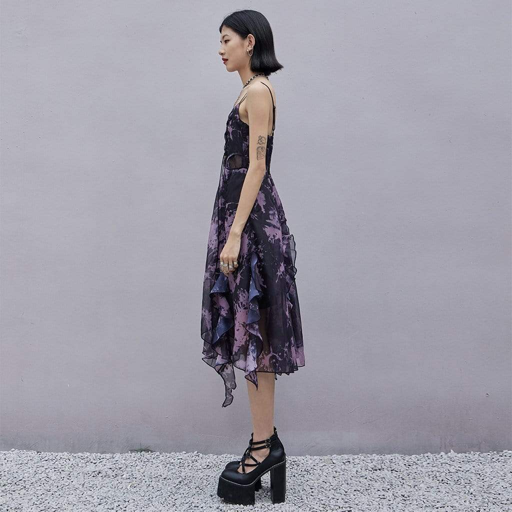 Women's Punk Floral Chiffon Slip Dress with Ruffles