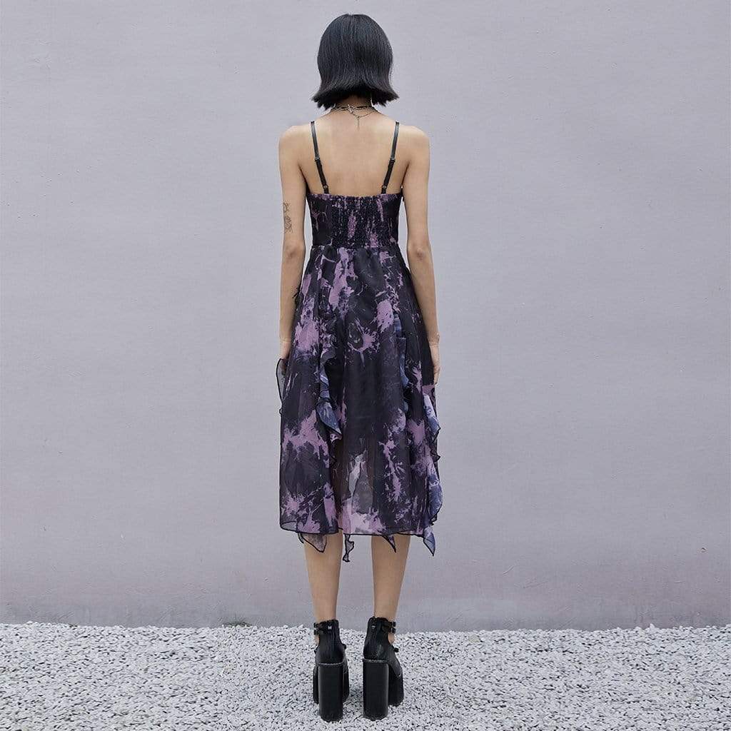 Women's Punk Floral Chiffon Slip Dress with Ruffles