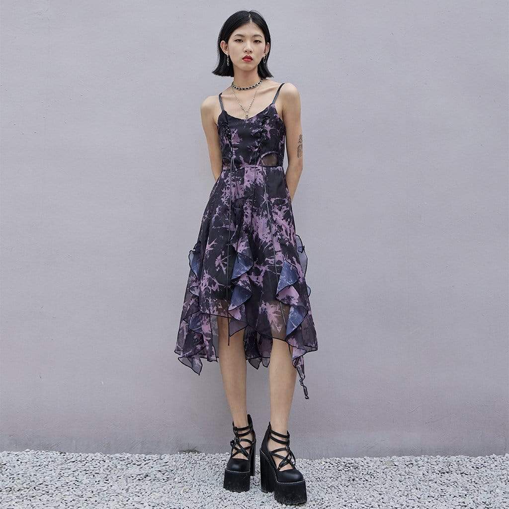 Women's Punk Floral Chiffon Slip Dress with Ruffles