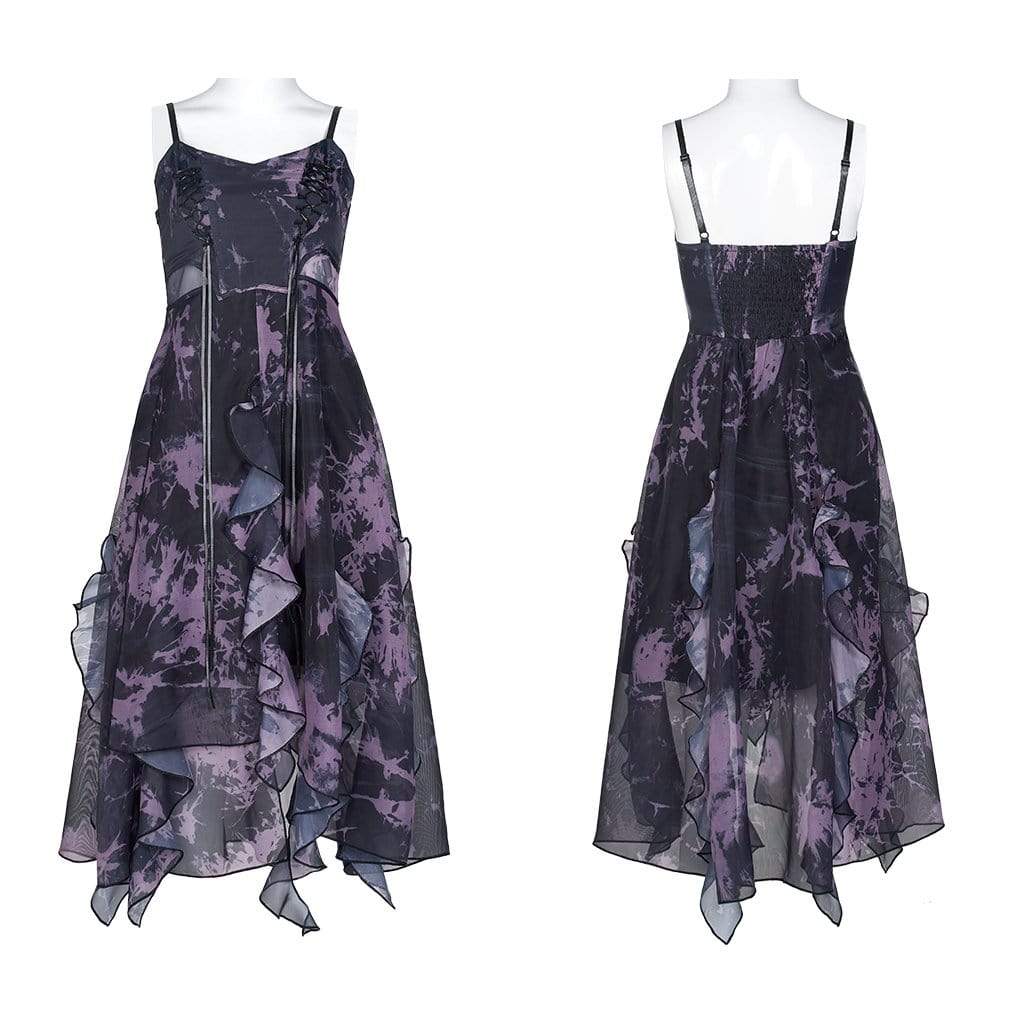 Women's Punk Floral Chiffon Slip Dress with Ruffles