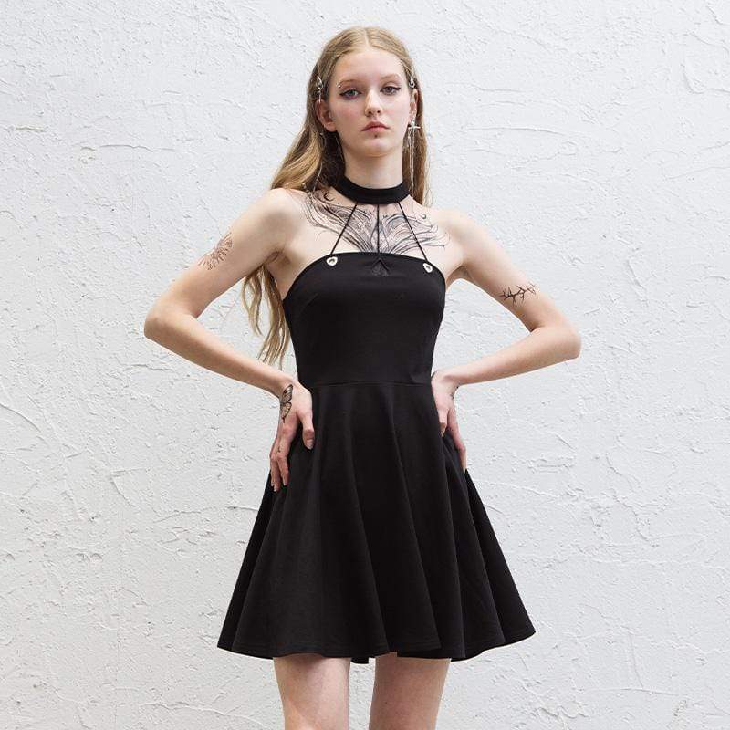 Women's Punk Love Heart Halterneck Black Little Dresses