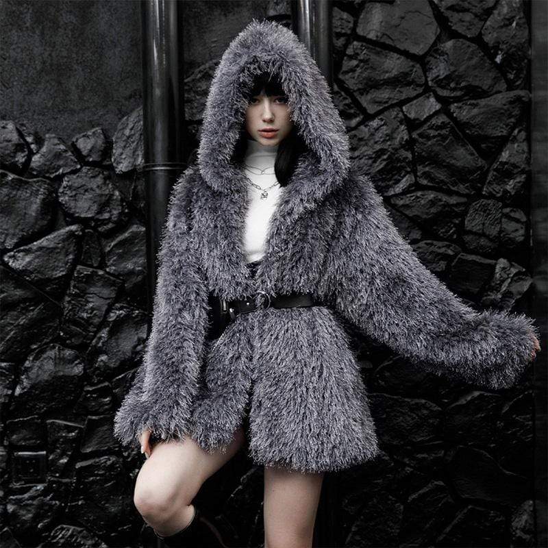 PR-A Women's Punk Plush Winter Coat with Hood