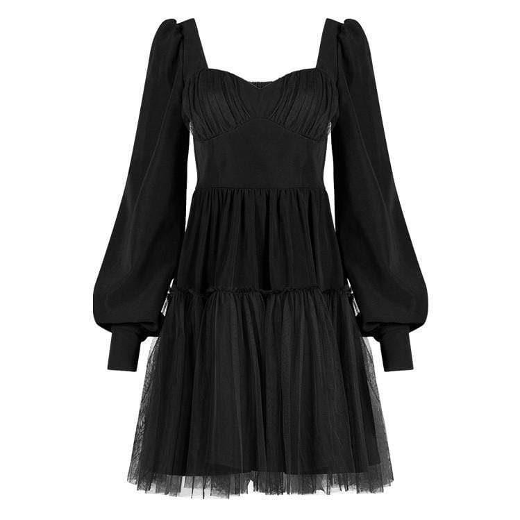 Women's Punk Puff Sleeved Layered Black Dress